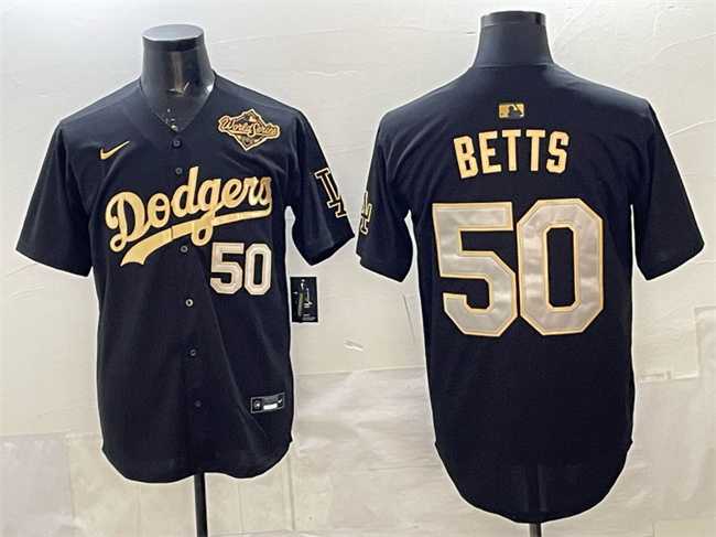 Mens Los Angeles Dodgers #50 Mookie Betts Black Gold 2025 World Series Patch Limited Stitched Jersey Dzhi->los angeles dodgers->MLB Jersey