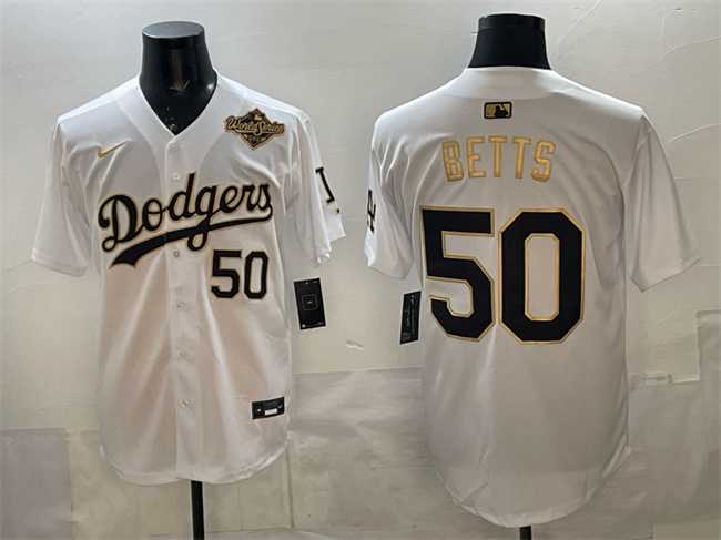 Mens Los Angeles Dodgers #50 Mookie Betts White Gold 2025 World Series Patch Limited Stitched Jersey Dzhi->los angeles dodgers->MLB Jersey