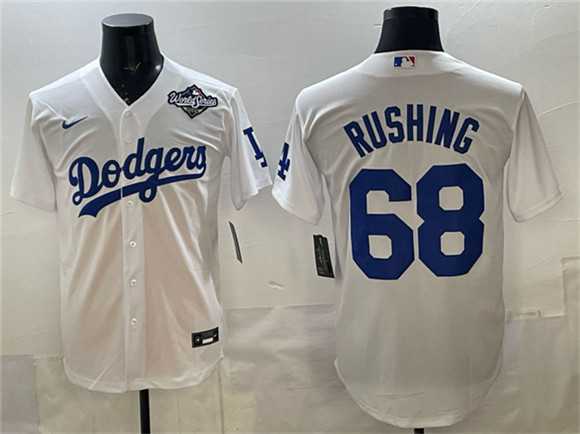 Mens Los Angeles Dodgers #68 Dalton Rushing White 2025 World Series Patch Cool Base Stitched Jersey Dzhi->los angeles dodgers->MLB Jersey