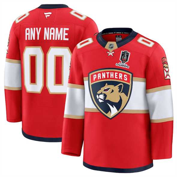 Men%27s Florida Panthers Custom Red Home 2025 Stanley Cup Champions Patch Stitched Jersey->->Custom Jersey