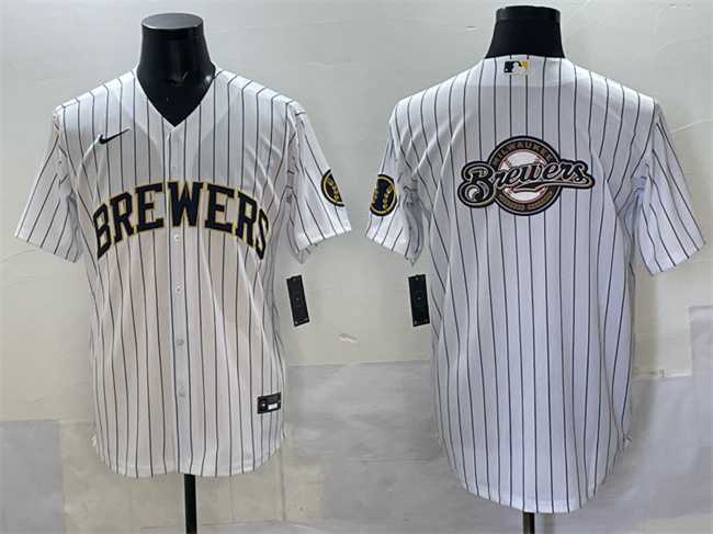 Men%27s Milwaukee Brewers Team Big Logo White Pinstripe 2025 With Patch Stitched Jersey->mlb youth jerseys->MLB Jersey