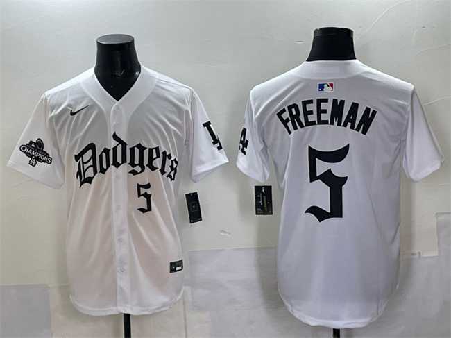 Men%27s Los Angeles Dodgers #5 Freddie Freeman White 2025 LA Gothic Style With 2024 World Series Champions Patch Vapor Premier Limited Stitched Jersey->los angeles dodgers->MLB Jersey