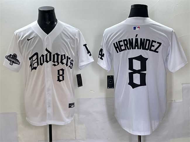 Men%27s Los Angeles Dodgers #8 Enrique Hernandez White 2025 LA Gothic Style With 2024 World Series Champions Patch Vapor Premier Limited Stitched Jersey->los angeles dodgers->MLB Jersey