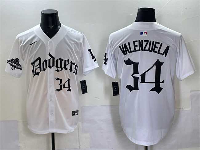 Men%27s Los Angeles Dodgers #34 Fernando Valenzuela White 2025 LA Gothic Style With 2024 World Series Champions Patch Vapor Premier Limited Stitched Jersey->los angeles dodgers->MLB Jersey