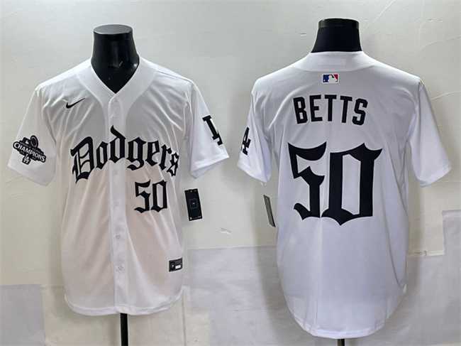 Men%27s Los Angeles Dodgers #50 Mookie Betts White 2025 LA Gothic Style With 2024 World Series Champions Patch Vapor Premier Limited Stitched Jersey->los angeles dodgers->MLB Jersey
