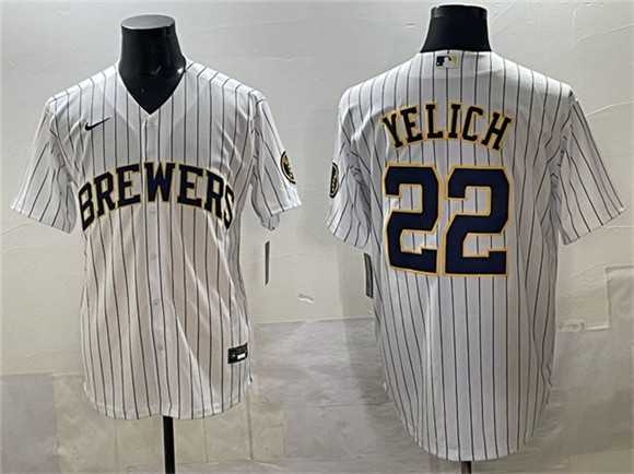 Mens Milwaukee Brewers #22 Christian Yelich White Pinstripe 2025 With Patch Stitched Jersey->milwaukee brewers->MLB Jersey