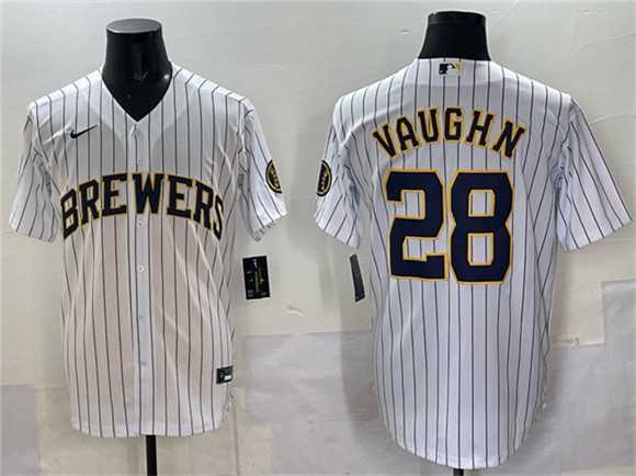 Mens Milwaukee Brewers #28 Andrew Vaughn White Pinstripe 2025 With Patch Stitched Jersey->milwaukee brewers->MLB Jersey