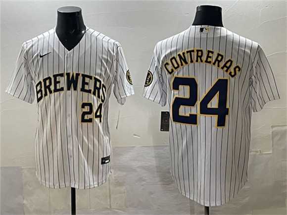 Mens Milwaukee Brewers #24 William Contreras White Pinstripe 2025 With Patch Stitched Stitched Jersey->milwaukee brewers->MLB Jersey