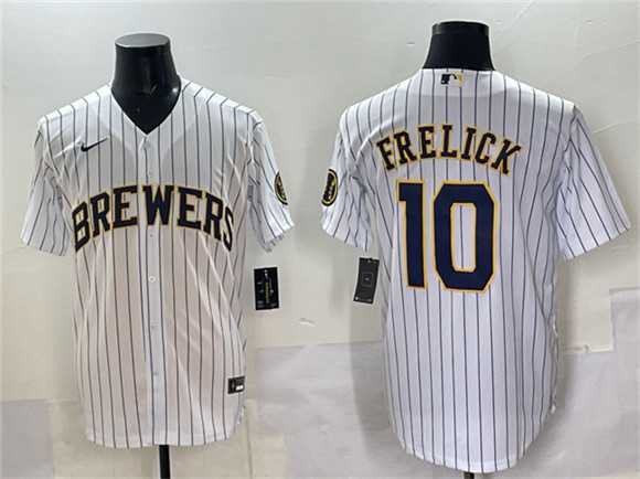 Mens Milwaukee Brewers #10 Sal Frelick White Pinstripe 2025 With Patch Stitched Jersey->milwaukee brewers->MLB Jersey