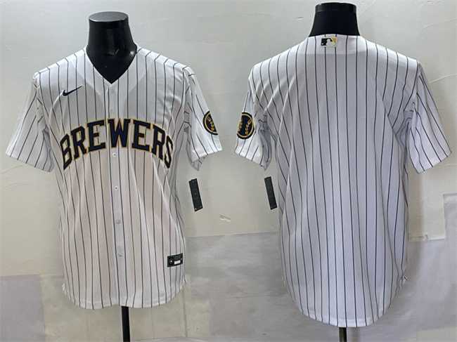 Mens Milwaukee Brewers Blank White Pinstripe 2025 With Patch Stitched Jersey->milwaukee brewers->MLB Jersey