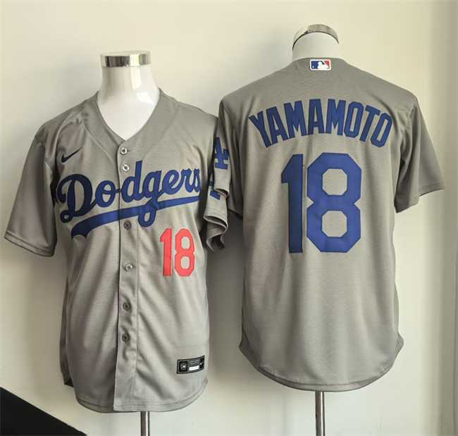 Mens Los Angeles Dodgers #18 Yoshinobu Yamamoto Gray Cool Base Stitched Jersey->los angeles dodgers->MLB Jersey