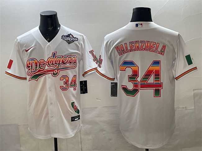 Mens Los Angeles Dodgers #34 Fernando Valenzuela White Mexico California Patch 2025 World Series Patch Stitched Jersey->los angeles dodgers->MLB Jersey
