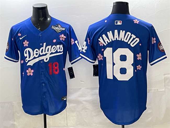 Mens Los Angeles Dodgers #18 Yoshinobu Yamamoto Royal 2025 World Series Patch Tokyo Series Limited Stitched Jersey->los angeles dodgers->MLB Jersey