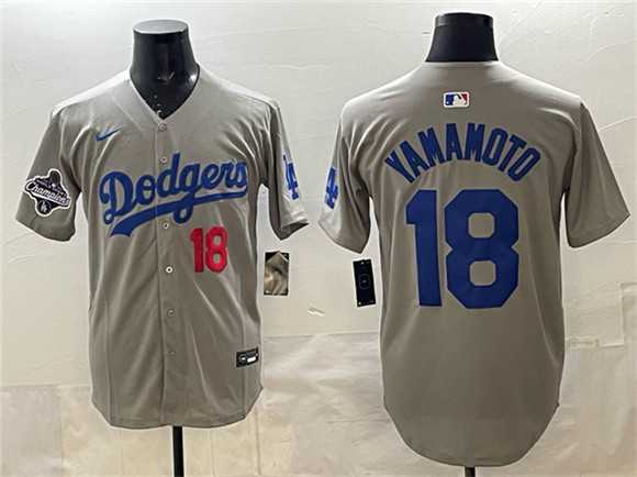 Mens Los Angeles Dodgers #18 Yoshinobu Yamamoto Gray 2025 World Series Champions Patch Stitched Jersey->los angeles dodgers->MLB Jersey
