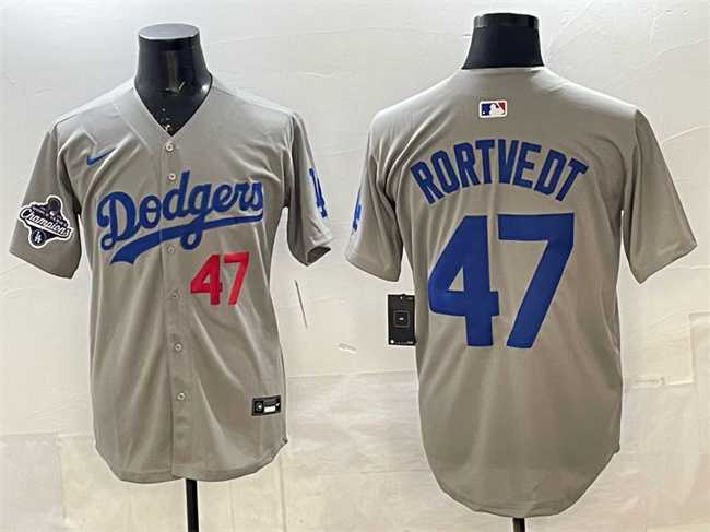 Mens Los Angeles Dodgers #47 Ben Rortvedt Gray 2025 World Series Champions Patch Limited Stitched Jersey->los angeles dodgers->MLB Jersey