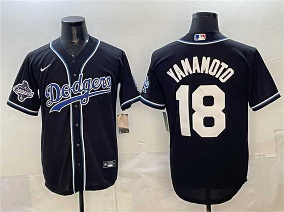 Mens Los Angeles Dodgers #18 Yoshinobu Yamamoto Black 2025 World Series Champions Patch Cool Base Stitched Jersey->los angeles dodgers->MLB Jersey