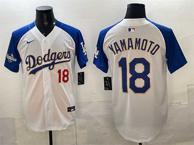 Mens Los Angeles Dodgers #18 Yoshinobu Yamamoto White Royal 2025 World Series Patch Limited Stitched Jersey->los angeles dodgers->MLB Jersey
