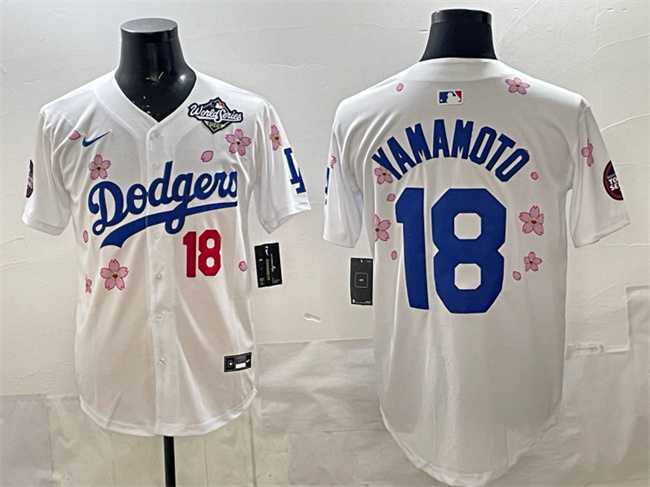 Mens Los Angeles Dodgers #18 Yoshinobu Yamamoto White 2025 World Series Patch Tokyo Series Limited Stitched Jersey->los angeles dodgers->MLB Jersey