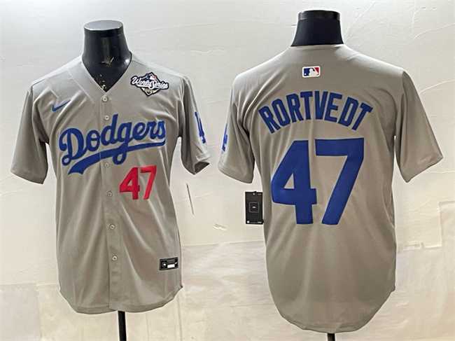 Mens Los Angeles Dodgers #47 Ben Rortvedt Gray 2025 World Series Patch Limited Stitched Jersey->los angeles dodgers->MLB Jersey