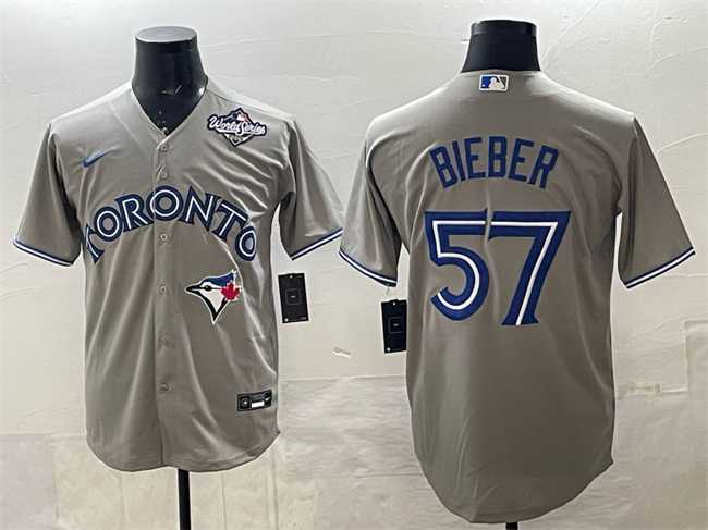 Mens Toronto Blue Jays #57 Shane Bieber Grey 2025 World Series Cool Base Stitched Jersey->toronto blue jays->MLB Jersey