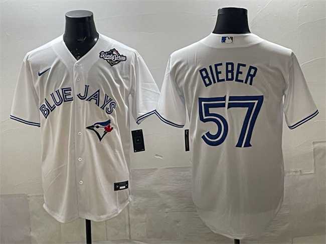 Mens Toronto Blue Jays #57 Shane Bieber White 2025 World Series Home Cool Base Stitched Jersey->toronto blue jays->MLB Jersey