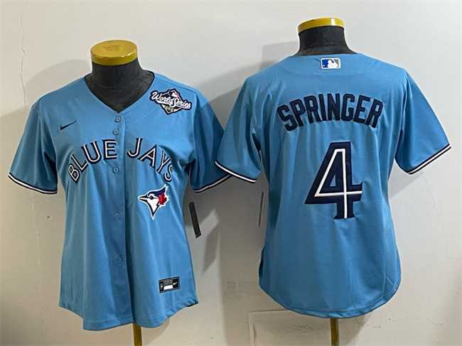 Women%27s Toronto Blue Jays #4 George Springer Blue 2025 World Series Cool Base Stitched Jersey(Run Small)->toronto blue jays->MLB Jersey