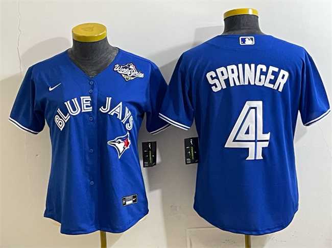 Women%27s Toronto Blue Jays #4 George Springer Royal 2025 World Series Cool Base Stitched Jersey(Run Small)->toronto blue jays->MLB Jersey