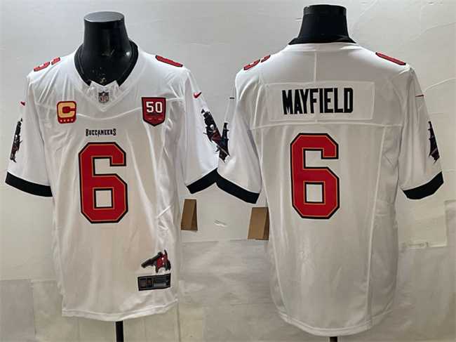 Mens Tampa Bay Buccaneers #6 Baker Mayfield White F.U.S.E. 50th Season & 4-Star C Patch Vapor Limited Stitched Jersey->tampa bay buccaneers->NFL Jersey