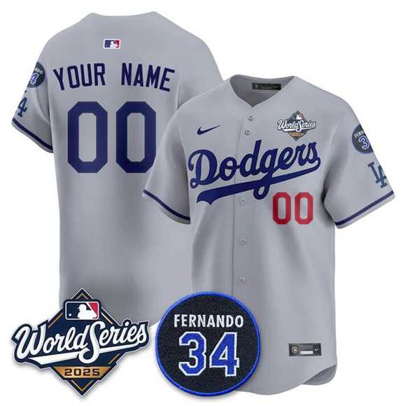 Mens Los Angeles Dodgers ACTIVE PLAYER Custom Gray 2025 World Series With No. 34 Patch Limited Stitched Jersey->customized mlb jersey->Custom Jersey