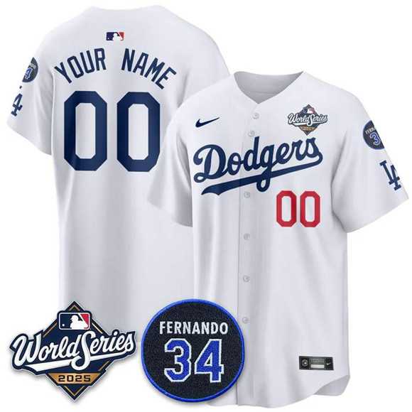 Mens Los Angeles Dodgers ACTIVE PLAYER Custom White 2025 World Series With No. 34 Patch Limited Stitched Jersey->customized mlb jersey->Custom Jersey