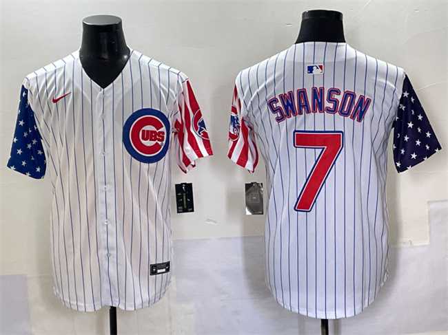Men%27s Chicago Cubs #7 Dansby Swanson White Pinstripe 2025 Independence Day Vapor Premier Limited Stitched Baseball Jersey->chicago cubs->MLB Jersey
