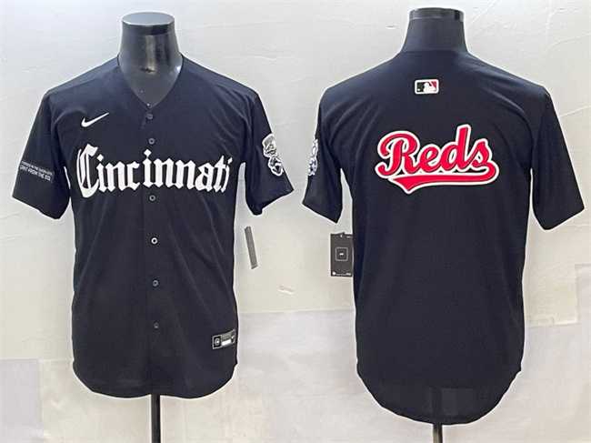 Men%27s Cincinnati Reds Team Big Logo Black %27Gothic Queen City Edition%27 Vapor Premier Limited Stitched Baseball Jersey->cleveland guardians->MLB Jersey