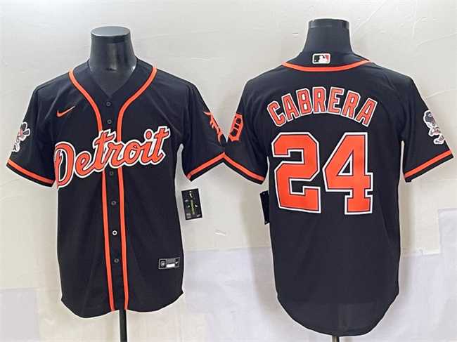 Men%27s Detroit Tigers #24 Miguel Cabrera Black With Patch Cool Base Stitched Baseball Jersey->detroit tigers->MLB Jersey
