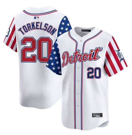 Men%27s Detroit Tigers #20 Spencer Torkelson White 2025 Independence Day Vapor Premier Limited Stitched Baseball Jersey Dzhi->detroit tigers->MLB Jersey