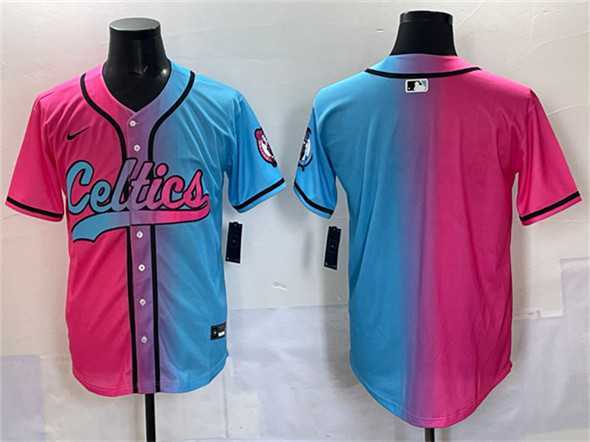 Men%27s Boston Celtics Blank Pink Blue Limited Stitched Baseball Jersey->nba shorts->NBA Jersey