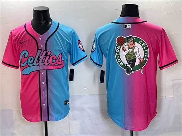 Men%27s Boston Celtics Team Big Logo Pink Blue Limited Stitched Baseball Jersey->nba shorts->NBA Jersey