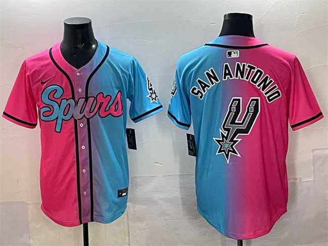 Men%27s San Antonio Spurs Team Big Logo Pink Blue Limited Stitched Baseball Jersey->los angeles lakers->NBA Jersey