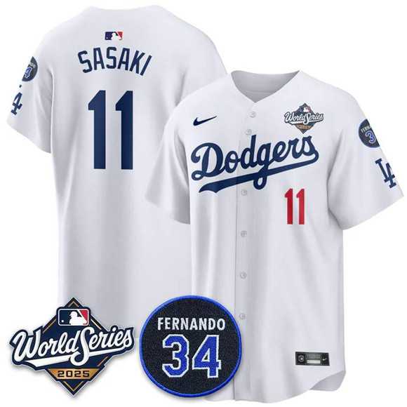 Men%27s Los Angeles Dodgers #11 Roki Sasaki White 2025 World Series With No. 34 Patch Limited Stitched Jersey->los angeles dodgers->MLB Jersey