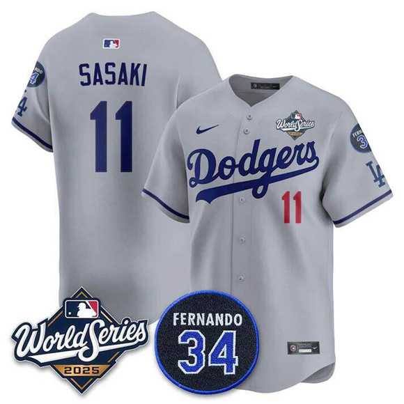 Men%27s Los Angeles Dodgers #11 Roki Sasaki Gray 2025 World Series With No. 34 Patch Limited Stitched Jersey->los angeles dodgers->MLB Jersey