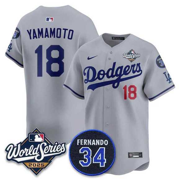 Men%27s Los Angeles Dodgers #18 Yoshinobu Yamamoto Gray 2025 World Series With No. 34 Patch Limited Stitched Jersey->los angeles dodgers->MLB Jersey
