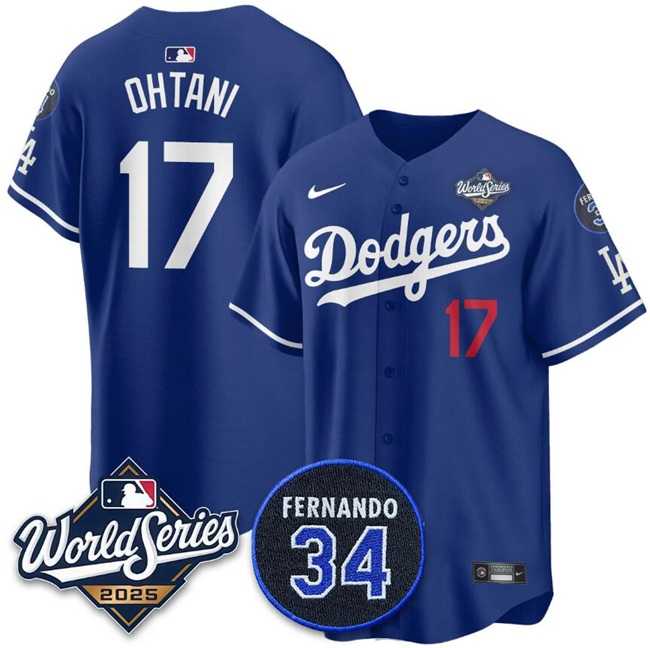 Men%27s Los Angeles Dodgers #17 Shohei Ohtani Royal 2025 World Series With No.34 Patch Limited Stitched Jersey->los angeles dodgers->MLB Jersey