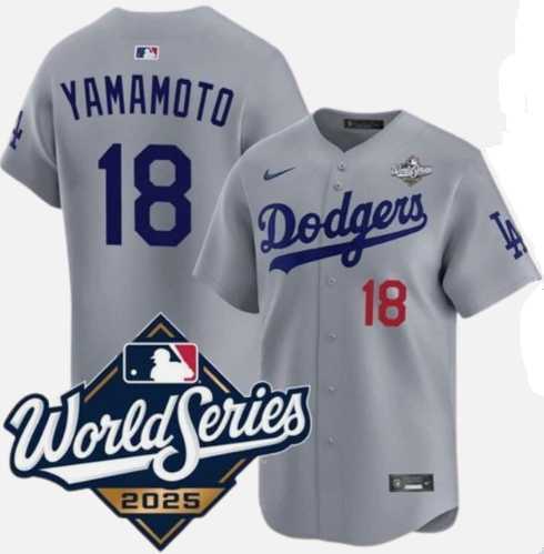Men%27s Los Angeles Dodgers #18 Yoshinobu Yamamoto Gray 2025 World Series Limited Stitched Jersey->los angeles dodgers->MLB Jersey
