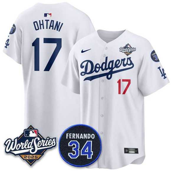 Men%27s Los Angeles Dodgers #17 Shohei Ohtani White 2025 World Series With No. 34 Patch Limited Stitched Jersey->los angeles dodgers->MLB Jersey