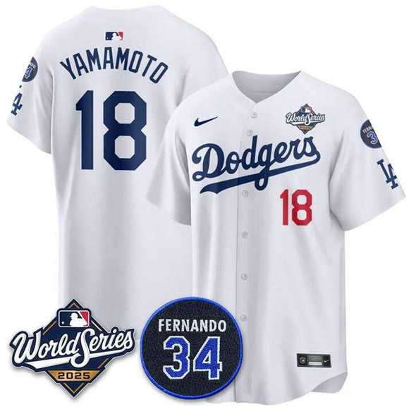 Men%27s Los Angeles Dodgers #18 Yoshinobu Yamamoto White 2025 World Series With No. 34 Patch Limited Stitched Jersey->los angeles dodgers->MLB Jersey