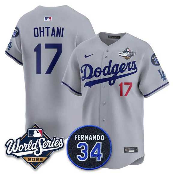 Men%27s Los Angeles Dodgers #17 Shohei Ohtani Gray 2025 World Series With No. 34 Patch Limited Stitched Jersey->los angeles dodgers->MLB Jersey
