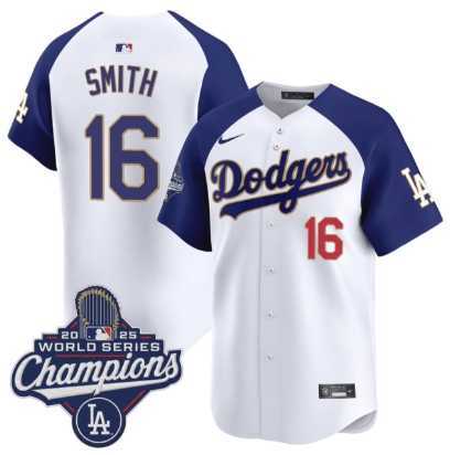 Men%27s Los Angeles Dodgers #16 Will Smith White Blue 2025 Champions Stitched Jersey->los angeles dodgers->MLB Jersey