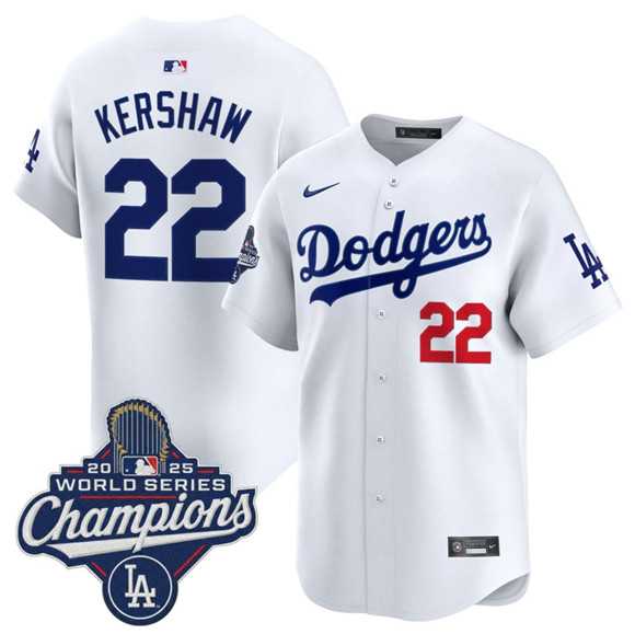 Men%27s Los Angeles Dodgers #22 Clayton Kershaw White 2025 Champions Stitched Jersey->los angeles dodgers->MLB Jersey