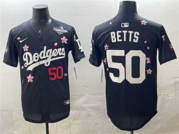 Men%27s Los Angeles Dodgers #50 Mookie Betts Black 2025 World Series Patch Tokyo Series Limited Stitched Jersey->los angeles dodgers->MLB Jersey