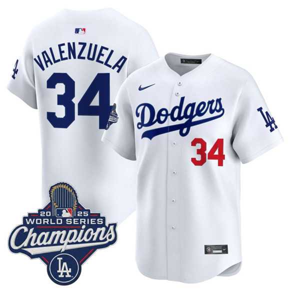 Men%27s Los Angeles Dodgers #34 Fernando Valenzuela White 2025 Champions Stitched Jersey->los angeles dodgers->MLB Jersey