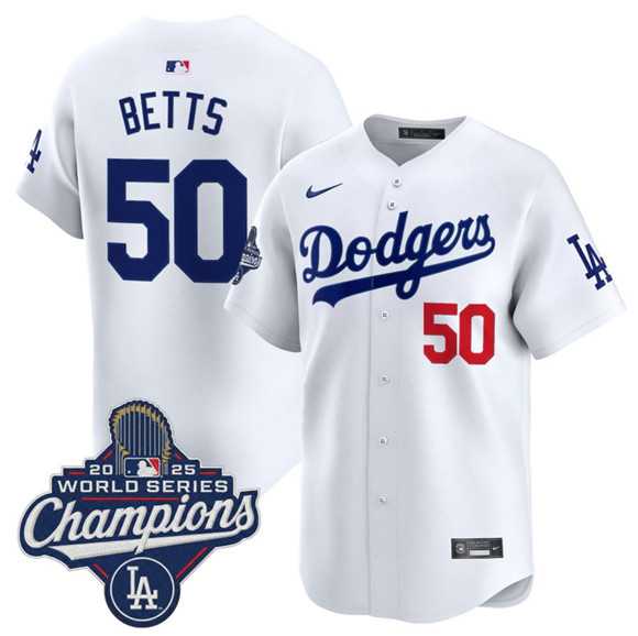 Men%27s Los Angeles Dodgers #50 Mookie Betts White 2025 Champions Stitched Jersey->los angeles dodgers->MLB Jersey